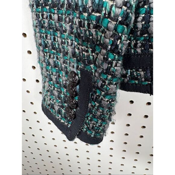 J Crew Blazer Women Tweed Fanfare Peackock Green Wool Blend Lined Metal Button s - Picture 7 of 9